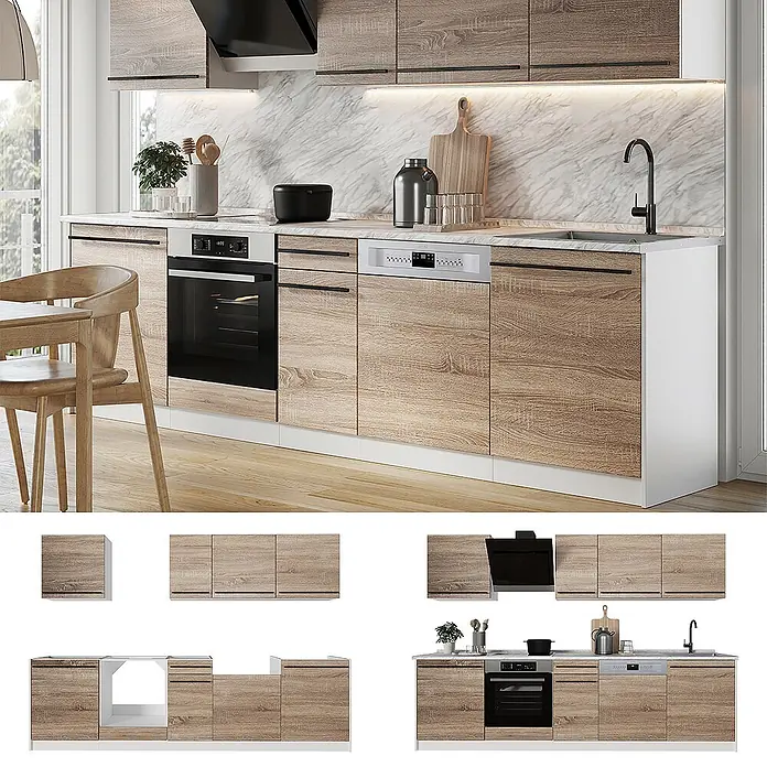 Küchenzeile R-Line 280 cm Sonoma Art.-Nr. 67192 -  - Moderne Küche mit hellen Holzschränken, weißen Arbeitsplatten, integriertem Backofen, Geschirrspüler und Spüle. Mit Oberschränken und Dunstabzugshaube.