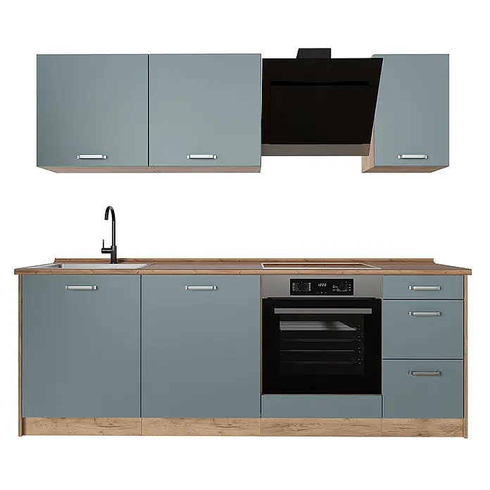 Küchenzeile R-Line 220 cm Blau-Grau Art.-Nr. 67126 -  - Blaugraue Küchenzeile mit Holzarbeitsplatte, Spüle, Kochfeld, Backofen und Dunstabzugshaube.