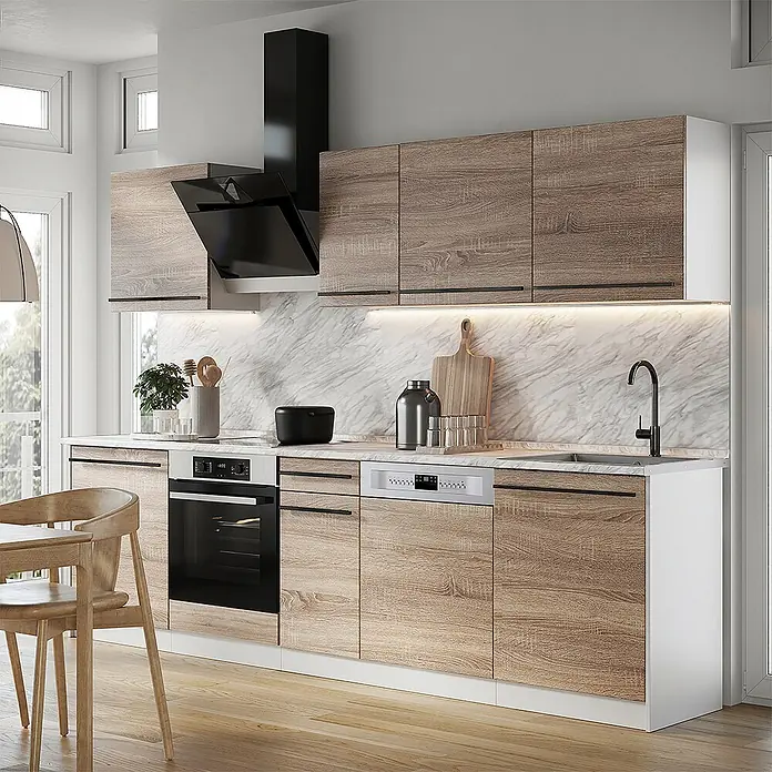 Küchenzeile R-Line 280 cm Sonoma Art.-Nr. 67192 -  - Moderne Küche mit Holzoptik-Schränken, weißen Arbeitsplatten und integrierten schwarzen Geräten.