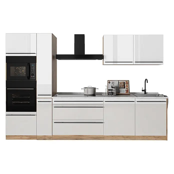 Küchenzeile R-Line 310 cm Weiß Hochglanz Art.-Nr. 66449 -  - Moderne weiße Küchenzeile mit Holzdetails, schwarzen Einbaugeräten, grauer Arbeitsplatte, Spüle und Kochfeld.