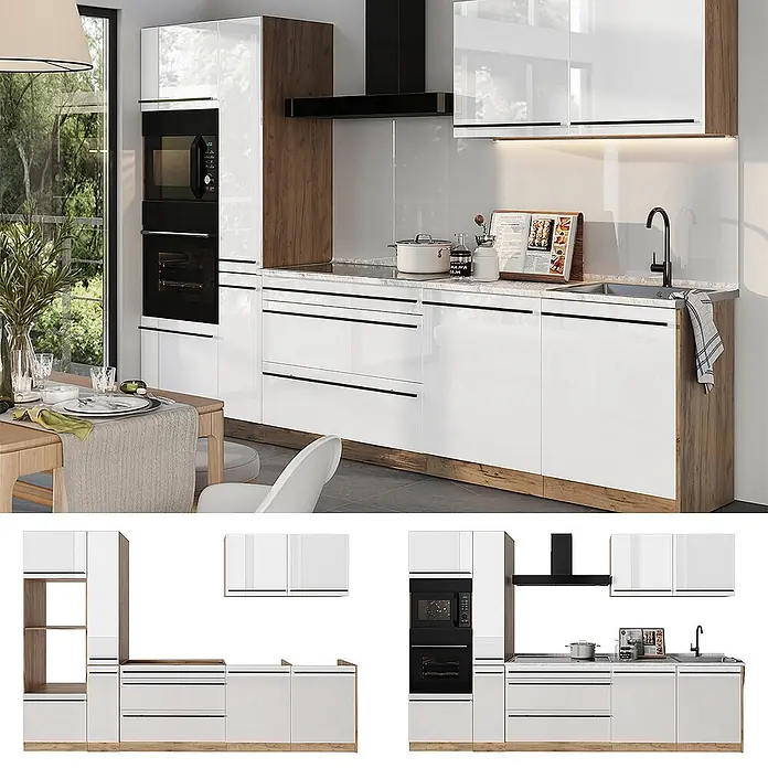 Küchenzeile R-Line 310 cm Weiß Hochglanz Art.-Nr. 66449 -  - Moderne weiße Hochglanzküche mit Holzdetails, integriertem Backofen/Mikrowelle, Spüle und Kochfeld, in hellem Essbereich.