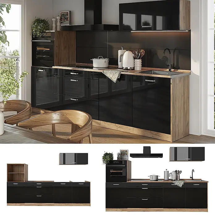 Küchenzeile R-Line 280 cm Schwarz Hochglanz Art.-Nr. 66491 -  - Moderne Küche mit glänzend schwarzen Fronten, Holzoptik-Akzenten und integrierten Geräten: Backofen, Kochfeld, Spüle, Dunstabzugshaube.