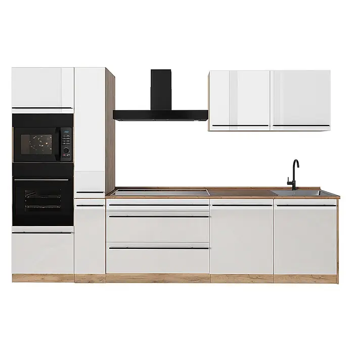 Küchenzeile R-Line 310 cm Weiß Hochglanz Art.-Nr. 66450 -  - Moderne weiße Küchenzeile mit Holzdetails, integriertem schwarzem Backofen, Mikrowelle, Kochfeld, Dunstabzugshaube und Spüle mit schwarzem Wasserhahn.