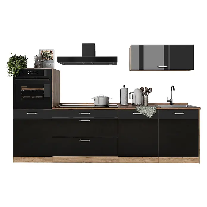 Küchenzeile R-Line 280 cm Schwarz Hochglanz Art.-Nr. 66491 -  - Schwarze und holzfarbene moderne Küchenzeile mit integriertem Backofen, Kochfeld, Spüle und Dunstabzugshaube.