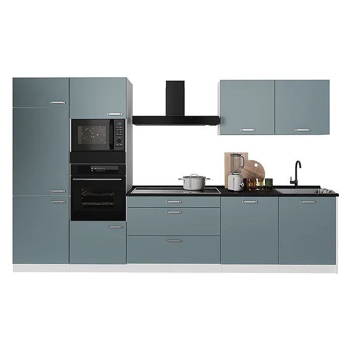 Küchenzeile R-Line 340 cm Blau-Grau Art.-Nr. 67362 -  - Moderne blau-graue Modulküche mit integrierten Geräten, schwarzer Arbeitsplatte, Spüle und Dunstabzugshaube.