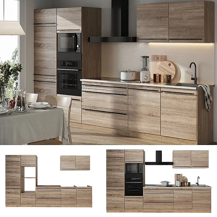 Küchenzeile R-Line 340 cm Sonoma Art.-Nr. 67352 -  - Moderne modulare Küchenschränke in heller Holzoptik mit integriertem Ofen, Mikrowelle, Kochfeld und Spüle.