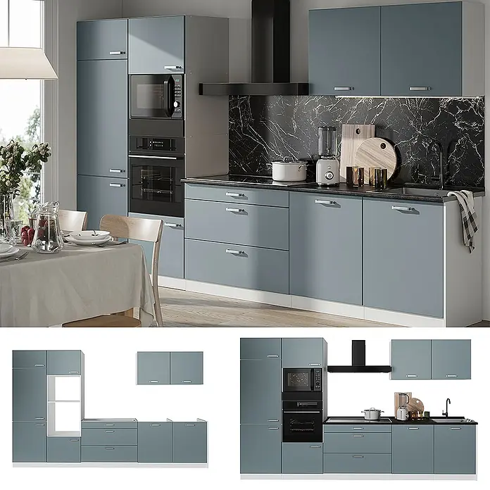 Küchenzeile R-Line 340 cm Blau-Grau Art.-Nr. 67362 -  - Moderne blau-graue modulare Küche mit integrierten Geräten, schwarzer Arbeitsplatte und Marmor-Rückwand.