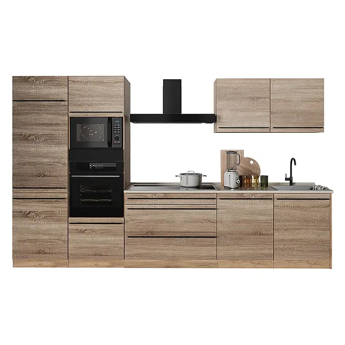 Küchenzeile R-Line 340 cm Sonoma Art.-Nr. 67352 -  - Moderne Küchenzeile mit hellen Holzoptik-Schränken, integrierter Mikrowelle, Backofen, Kochfeld, Spüle und Dunstabzugshaube.