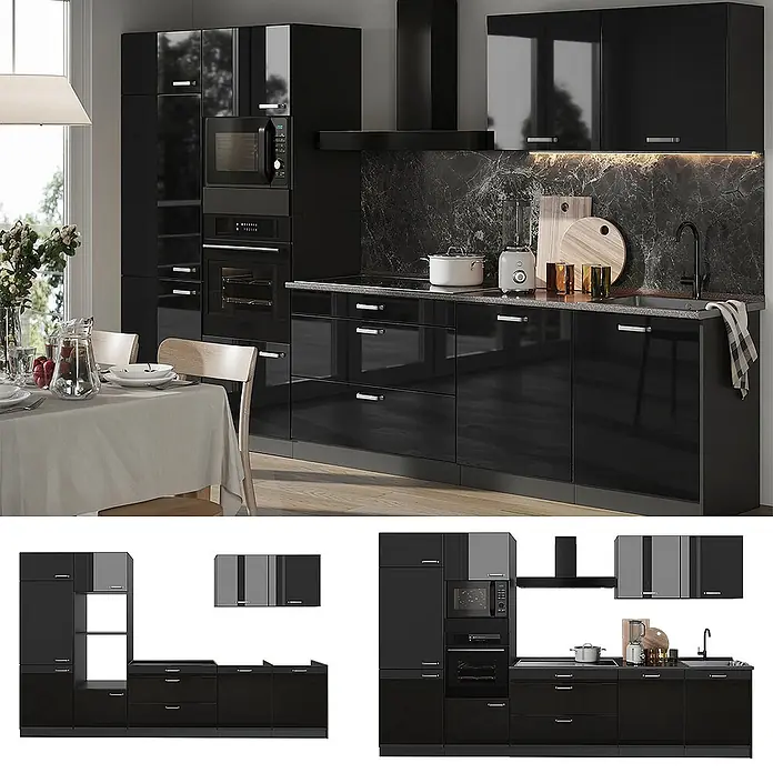 Küchenzeile R-Line 340 cm Schwarz Hochglanz Art.-Nr. 66564 -  - Elegante schwarze Hochglanzküche mit integrierten Geräten, dunklem Marmor-Spritzschutz und viel Stauraum.