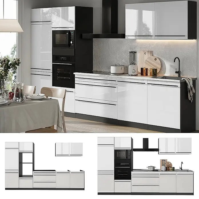 Küchenzeile R-Line 340 cm Weiß Hochglanz Art.-Nr. 66565 -  - Moderne Küche mit glänzenden weißen und schwarzen Schränken, integrierten Geräten und viel Stauraum.