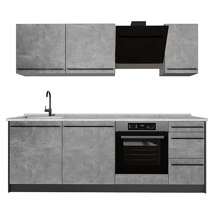 Küchenzeile R-Line 220 cm Beton Art.-Nr. 67068 -  - Moderne Einbauküche in Betonoptik Grau mit schwarzen Griffen, weißer Arbeitsplatte, integriertem Backofen, Spüle und Dunstabzugshaube.