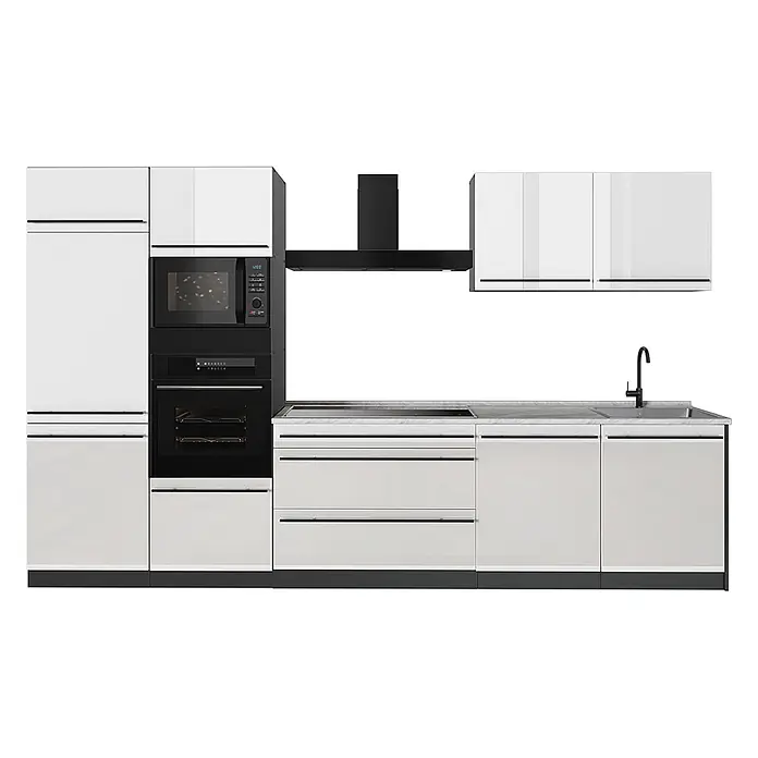 Küchenzeile R-Line 340 cm Weiß Hochglanz Art.-Nr. 66567 -  - Moderne weiße Küche mit schwarzen Einbaugeräten, heller Arbeitsplatte, Spüle und Kochfeld.