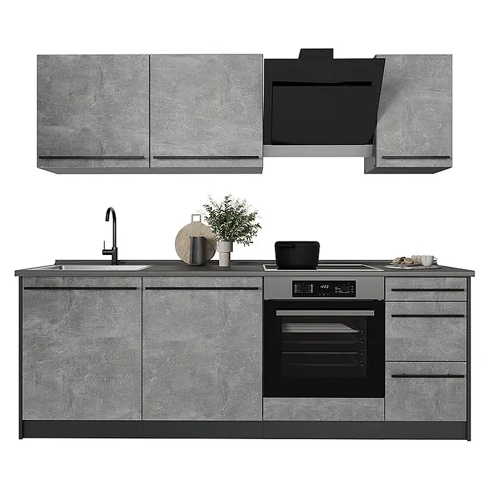 Küchenzeile R-Line 220 cm Beton Art.-Nr. 67068 -  - Moderne Modulküche mit grauen Betonoptik-Schränken, schwarzen Griffen, Spüle, Kochfeld, Backofen und Dunstabzugshaube.