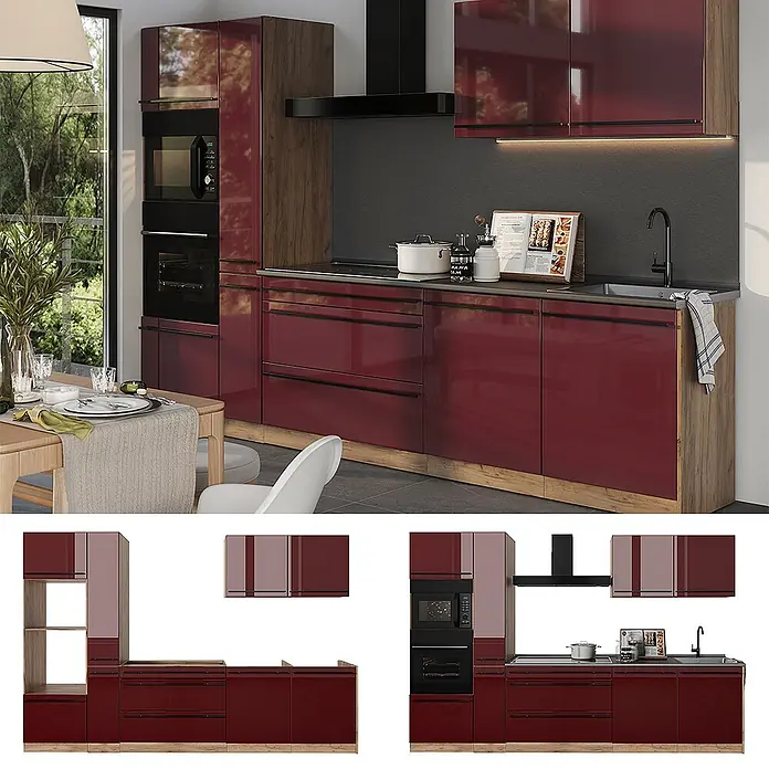 Küchenzeile R-Line 310 cm Rot Hochglanz Art.-Nr. 66444 -  - Moderne Küche mit glänzenden burgunderroten Schränken und Holzdetails, inklusive integrierter Geräte.