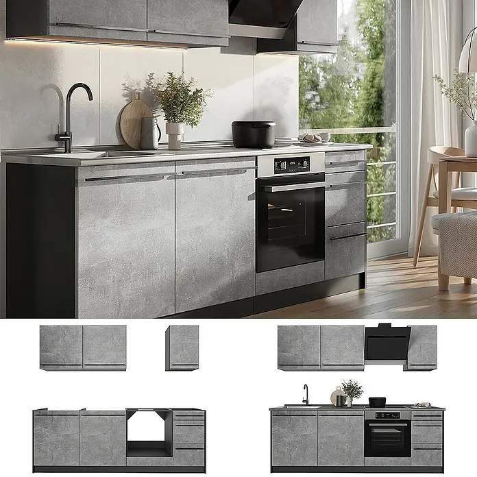 Küchenzeile R-Line 220 cm Beton Art.-Nr. 67068 -  - Modulare Küche mit grauen Betonoptik-Schränken, integriertem Backofen und schwarzen Akzenten.