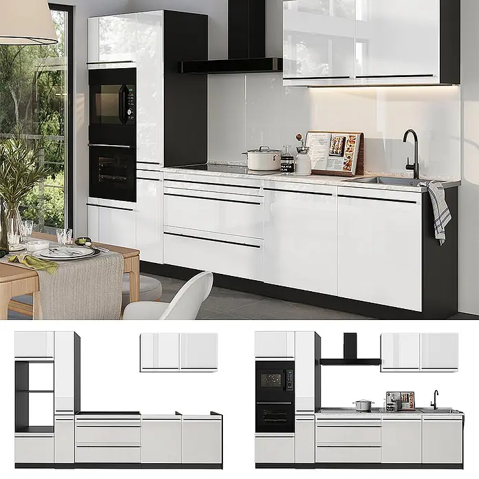 Küchenzeile R-Line 310 cm Weiß Hochglanz Art.-Nr. 66436 -  - Moderne Küche mit hochglanzweißen Schränken und schwarzen Akzenten, mit integriertem Backofen, Mikrowelle, Kochfeld und Spüle.
