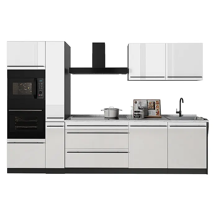 Küchenzeile R-Line 310 cm Weiß Hochglanz Art.-Nr. 66436 -  - Moderne weiße Küche mit integrierter schwarzer Mikrowelle, Backofen, Dunstabzugshaube, Spüle und Kochfeld.