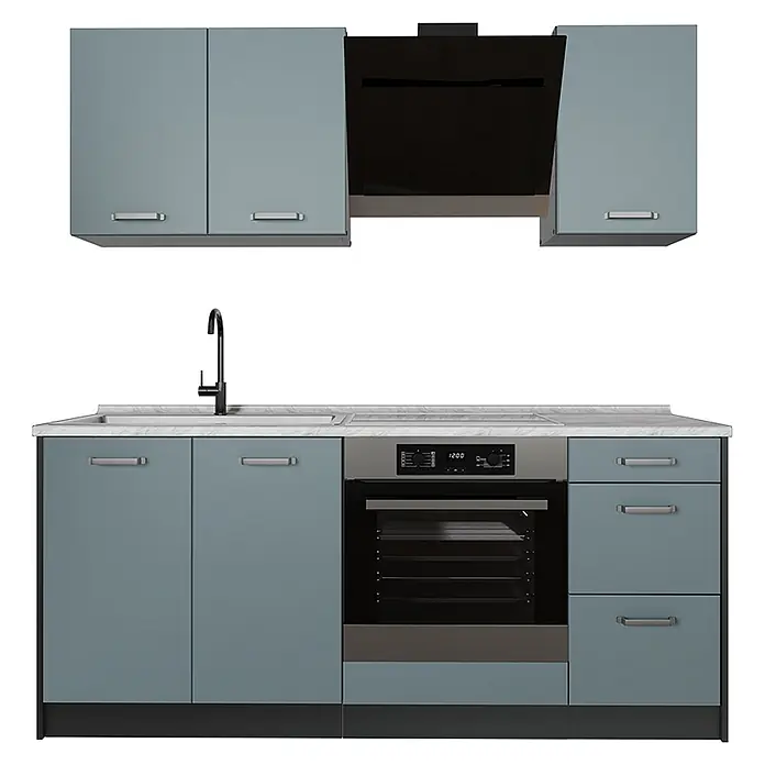 Singleküche R-Line 180 cm Blau-Grau Art.-Nr. 66983 -  - Moderne blaugraue Küchenzeile mit weißer Marmor-Arbeitsplatte, integriertem schwarzen Backofen, Spüle und passender Dunstabzugshaube.