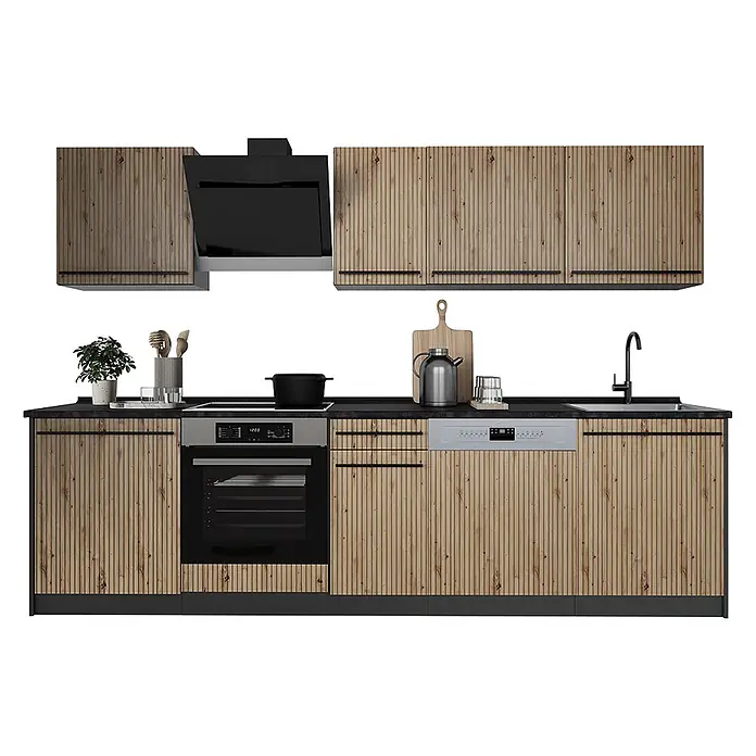 Küchenzeile R-Line 280 cm Artisan-Eiche Art.-Nr. 67151 -  - Moderne Küchenzeile mit hellen Holzlamellenschränken, schwarzer Arbeitsplatte, Ofen, Kochfeld, Dunstabzug, Geschirrspüler und Spüle.