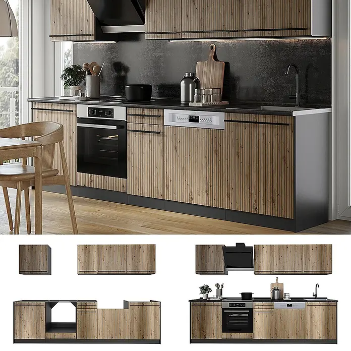 Küchenzeile R-Line 280 cm Artisan-Eiche Art.-Nr. 67151 -  - Moderne Küche mit Holzlamellenfronten, schwarzen Arbeitsplatten und integrierten Geräten (Backofen, Geschirrspüler, Spüle).