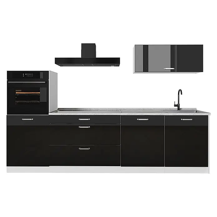 Küchenzeile R-Line 280 cm Schwarz Hochglanz Art.-Nr. 66504 -  - Moderne schwarze Küche mit integriertem Ofen, Kochfeld, Spüle, Dunstabzugshaube, hochglänzenden Unterschränken und grauen Oberschränken.