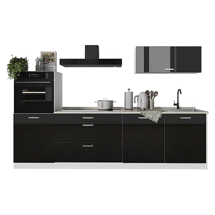 Küchenzeile R-Line 280 cm Schwarz Hochglanz Art.-Nr. 66504 -  - Schwarze modulare Küchenzeile mit integriertem Backofen, Kochfeld, Spüle und Hängeschränken.
