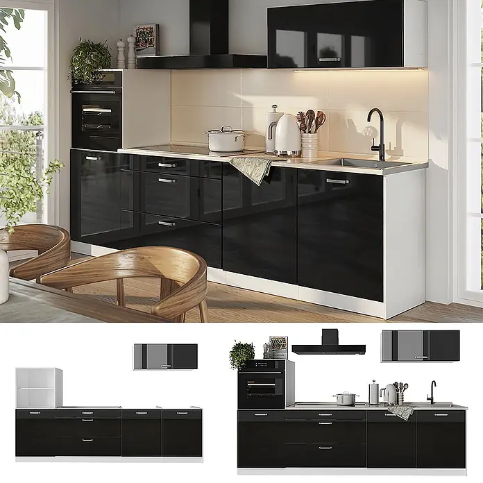 Küchenzeile R-Line 280 cm Schwarz Hochglanz Art.-Nr. 66504 -  - Moderne Küchenzeile mit glänzenden schwarzen Türen, weißen Elementen, integriertem Backofen, Kochfeld, Spüle und Dunstabzugshaube in heller Küche.