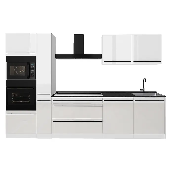 Küchenzeile R-Line 310 cm Weiß Hochglanz Art.-Nr. 66461 -  - Weiße moderne Küchenzeile mit integriertem schwarzem Backofen, Mikrowelle, Kochfeld, Dunstabzugshaube und Spüle.