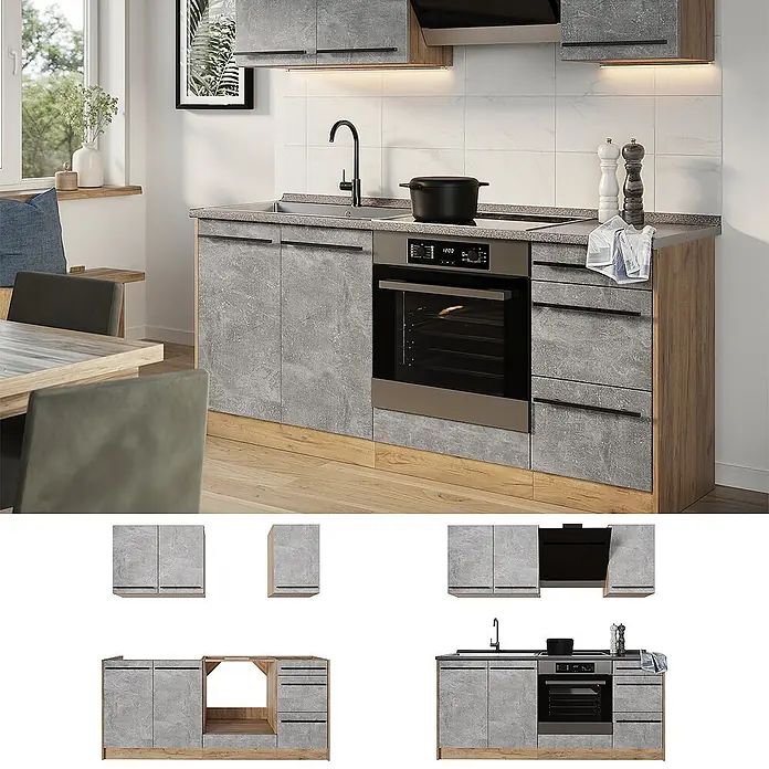 Singleküche R-Line 180 cm Beton Art.-Nr. 67035 -  - Moderne Küchenzeile in Betonoptik Grau mit Holzdetails, Spüle, Kochfeld und Backofen, in einer Küche.