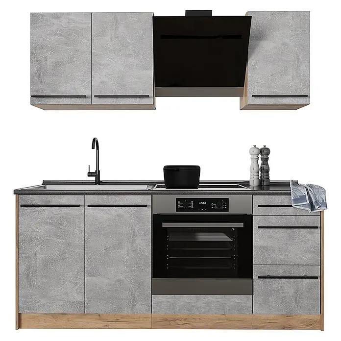 Singleküche R-Line 180 cm Beton Art.-Nr. 67035 -  - Eine moderne Küchenzeile mit grauen Schränken in Betonoptik, integriertem Backofen, Kochfeld und Spüle, akzentuiert mit hellem Holz.