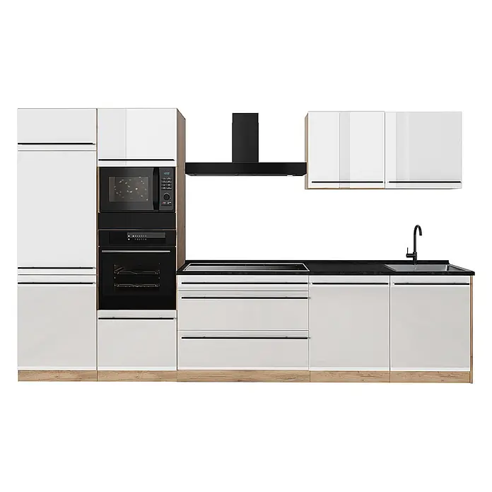 Küchenzeile R-Line 340 cm Weiß Hochglanz Art.-Nr. 66581 -  - Moderne weiße Küche mit schwarzer Arbeitsplatte, integrierten Geräten und Holzdetails.
