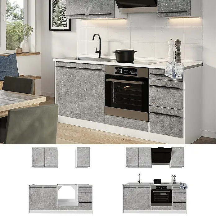 Singleküche R-Line 180 cm Beton Art.-Nr. 67050 -  - Modulare Küchenzeile mit grauen Betonoptik-Fronten und weißem Korpus, mit Spüle, integriertem Backofen, Schränken und Schubladen in moderner Küche.