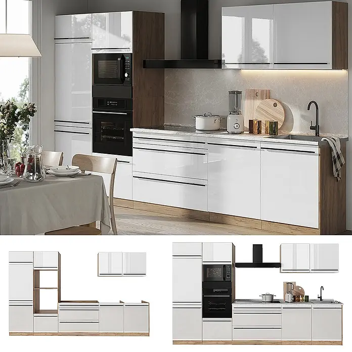 Küchenzeile R-Line 340 cm Weiß Hochglanz Art.-Nr. 66584 -  - Moderne weiße Hochglanzküche mit Holzdetails, integriertem Ofen/Mikrowelle und Essbereich.