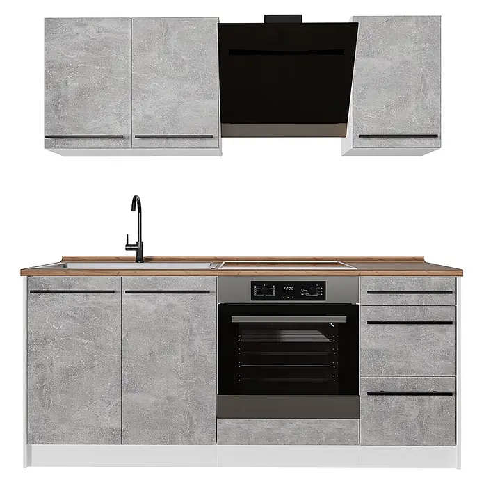 Singleküche R-Line 180 cm Beton Art.-Nr. 67050 -  - Moderne Modulküche mit grauen Beton-Fronten, Holzarbeitsplatte, schwarzem Kochfeld, Ofen, Armatur und Dunstabzugshaube; Spüle aus Metall.