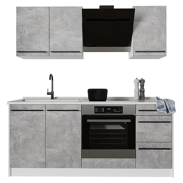 Singleküche R-Line 180 cm Beton Art.-Nr. 67050 -  - Graue Einbauküche in Betonoptik mit Hängeschränken, Dunstabzugshaube, Spüle und integriertem Backofen.