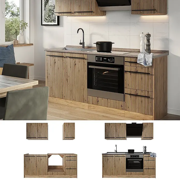 Singleküche R-Line 180 cm Artisan-Eiche Art.-Nr. 67032 -  - Holz-Küchenzeile mit vertikalem Lamellendesign, integrierter Spüle, Kochfeld und Backofen, in moderner Küche.