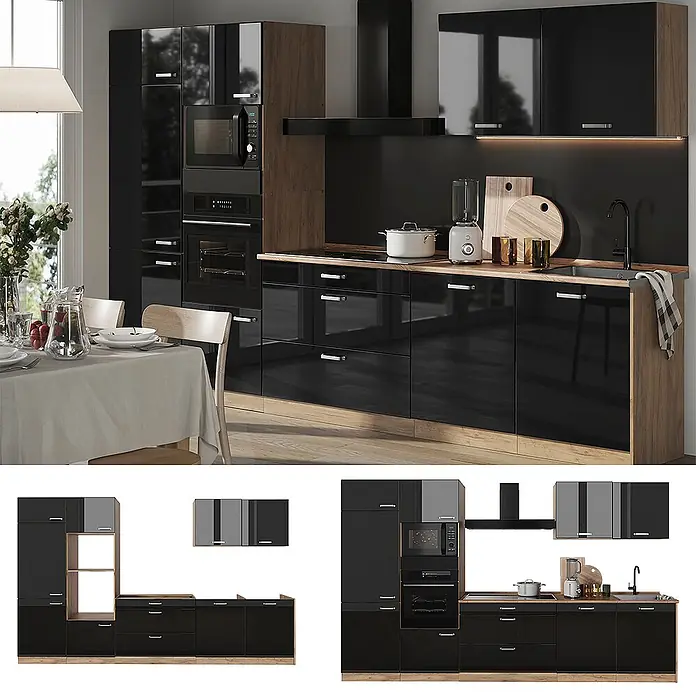 Küchenzeile R-Line 340 cm Schwarz Hochglanz Art.-Nr. 66580 -  - Moderne Küche mit schwarzen Hochglanzschränken, Holzeffekt-Arbeitsplatte und integrierten Geräten.