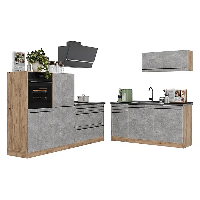 Küchenzeile R-Line 220 cm Beton Art.-Nr. 67091 -  - Moderne Einbauküche mit Fronten in Betonoptik Grau und Seiten-/Sockelpaneelen in Holzoptik. Mit Ofen, Spüle und Dunstabzugshaube.