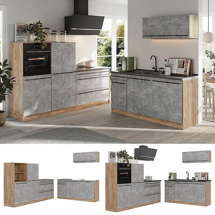 Küchenzeile R-Line 220 cm Beton Art.-Nr. 67091 -  - Moderne Küchenzeile in Grau Betonoptik mit hellen Holzfronten, Ofen, Kochfeld und Spüle.