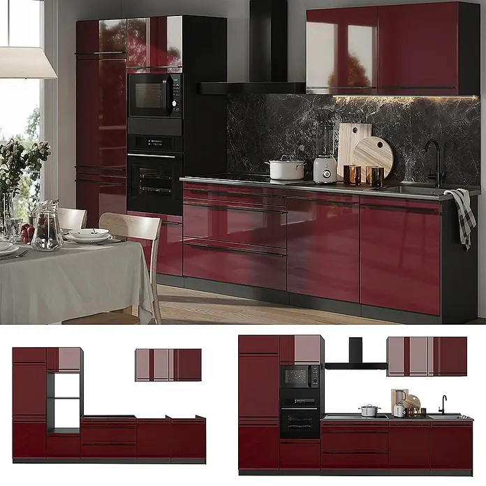 Küchenzeile R-Line 340 cm Rot Hochglanz Art.-Nr. 66558 -  - Moderne Küche mit hochglänzenden weinroten Schränken, schwarzen Akzenten und integrierten Geräten.