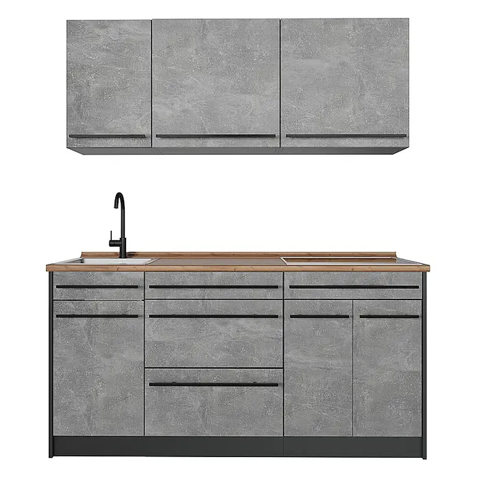 Singleküche R-Line 160 cm Beton Art.-Nr. 66890 -  - Graue Küchenschrankzeile in Betonoptik mit schwarzen Griffen, Holzarbeitsplatte, Spüle und Kochfeld.