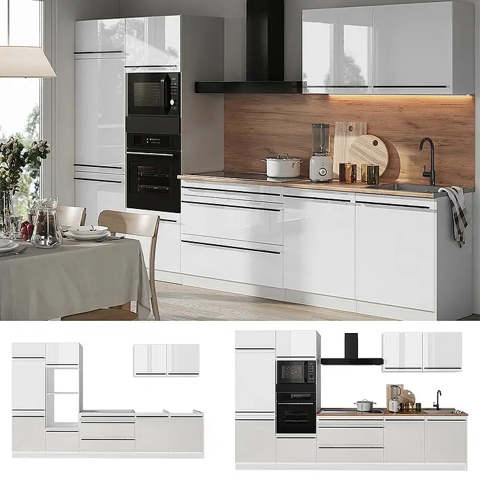 Küchenzeile R-Line 340 cm Weiß Hochglanz Art.-Nr. 66595 -  - Moderne Küche mit weißen Hochglanzschränken, Holzdetails, integrierten Geräten und Essbereich.