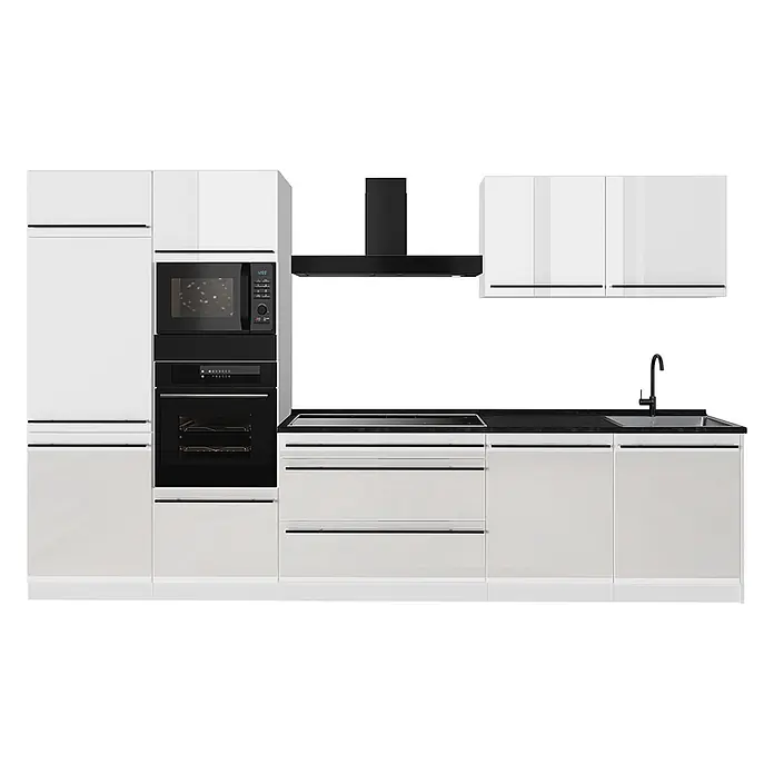 Küchenzeile R-Line 340 cm Weiß Hochglanz Art.-Nr. 66593 -  - Moderne weiße Küchenzeile mit schwarzer Arbeitsplatte, integrierter Mikrowelle, Backofen, Induktionskochfeld, Spüle und Schränken.