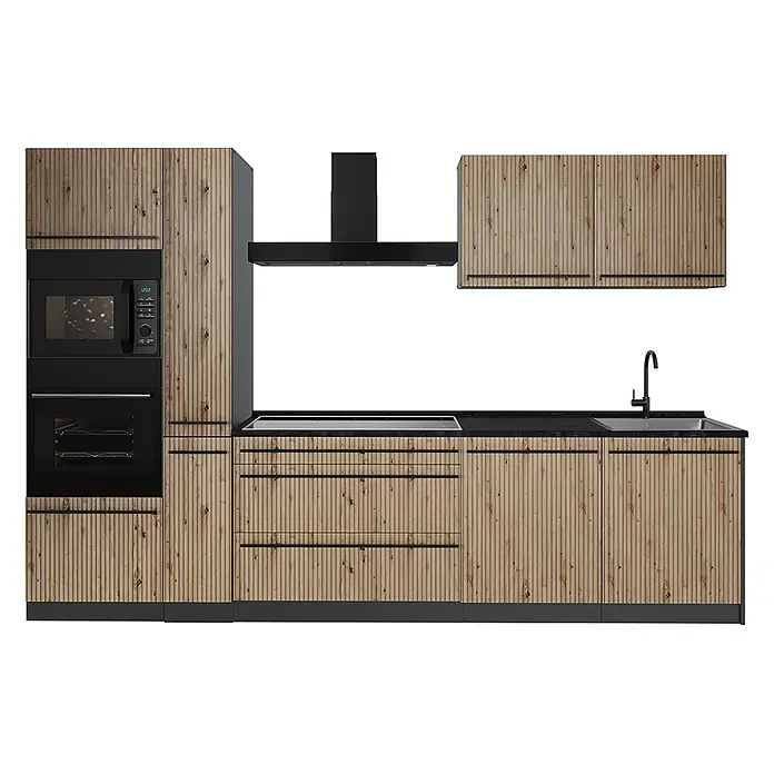 Küchenzeile R-Line 310 cm Artisan-Eiche Art.-Nr. 67193 -  - Moderne Küche mit Holzoptik-Lamellenfronten, schwarzen Geräten und schwarzer Arbeitsplatte.