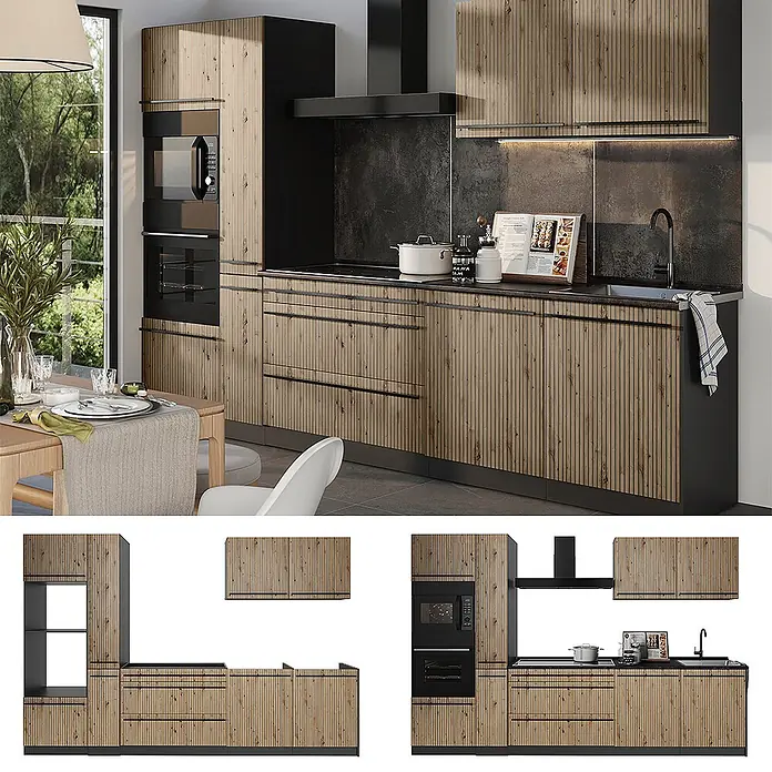 Küchenzeile R-Line 310 cm Artisan-Eiche Art.-Nr. 67193 -  - Moderne Küche mit Holzoptik-Schränken, vertikalen Lamellen, schwarzen Einbaugeräten und dunklen Arbeitsplatten. Eine komplette funktionale Küche.