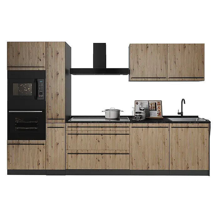 Küchenzeile R-Line 310 cm Artisan-Eiche Art.-Nr. 67193 -  - Moderne Küchenzeile mit Holzlamellenfronten, schwarzer Arbeitsplatte und integrierten Geräten.