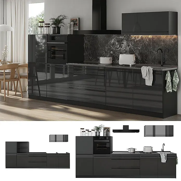 Küchenzeile R-Line 340 cm Anthrazit Hochglanz Art.-Nr. 66509 -  - Moderne dunkelgraue Hochglanzküche mit integriertem Backofen, Kochfeld, Spüle und Hängeschränken in zeitgenössischem Ambiente.