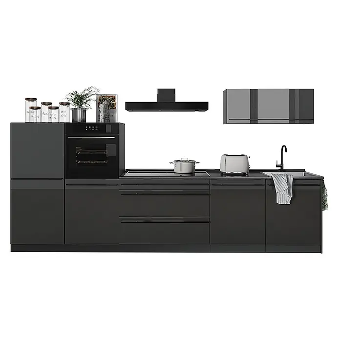 Küchenzeile R-Line 340 cm Anthrazit Hochglanz Art.-Nr. 66509 -  - Dunkelgraue modulare Küchenzeile mit integriertem Backofen, Kochfeld, Spüle und Dunstabzugshaube. Mit Toaster und Vorratsdosen.