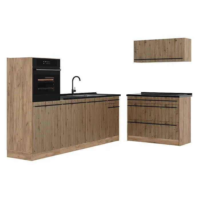 Küchenzeile R-Line 220 cm Artisan-Eiche Art.-Nr. 67425 -  - Hellbraune Küchenschränke aus Holz mit gerillten Fronten, schwarzer Arbeitsplatte, integriertem Ofen, Spüle und Kochfeld.