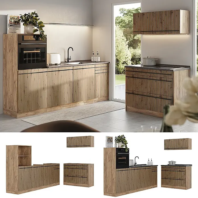 Küchenzeile R-Line 220 cm Artisan-Eiche Art.-Nr. 67425 -  - Modulare Küche mit Holzlamellentüren, dunklen Arbeitsplatten und schwarzen Akzenten, mit Ofen und Spüle in hellem Raum.